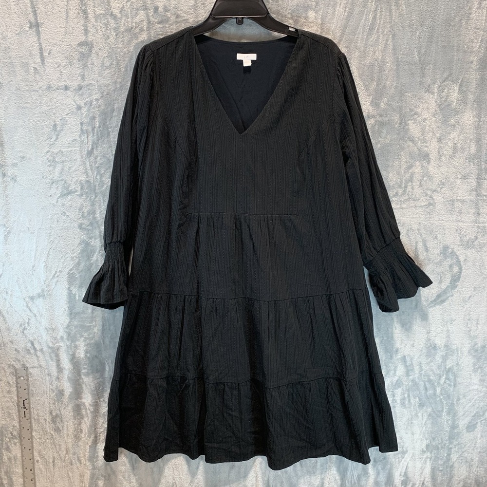 J Jill Women's Dress L Black Long Bell‎ Sleeve Tiered V Neck Textured Lined Boho